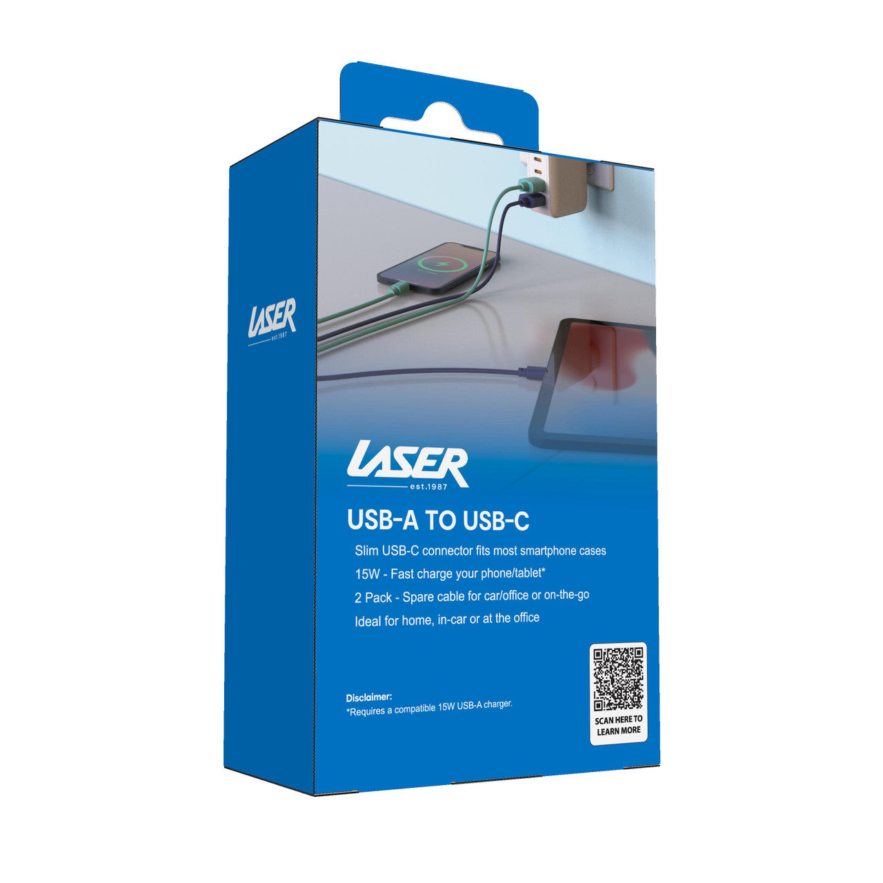 Laser Twin Pack 2m USB-C to USB-A Cables Blue Green