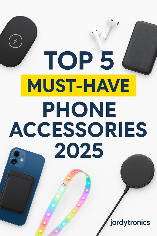 Collage of top 5 must need phone accessories in 2025, including wireless chargers, phone mounts, magnetic wallets, power banks, and earbuds