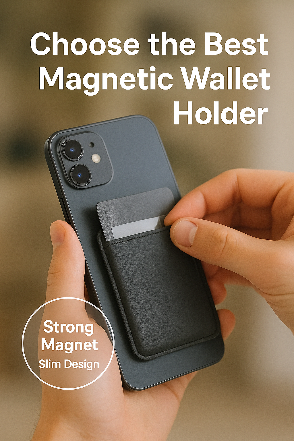 Strong Magnet • Slim Design — in a small circle or banner near the wallet, so it doesn’t cover the product.