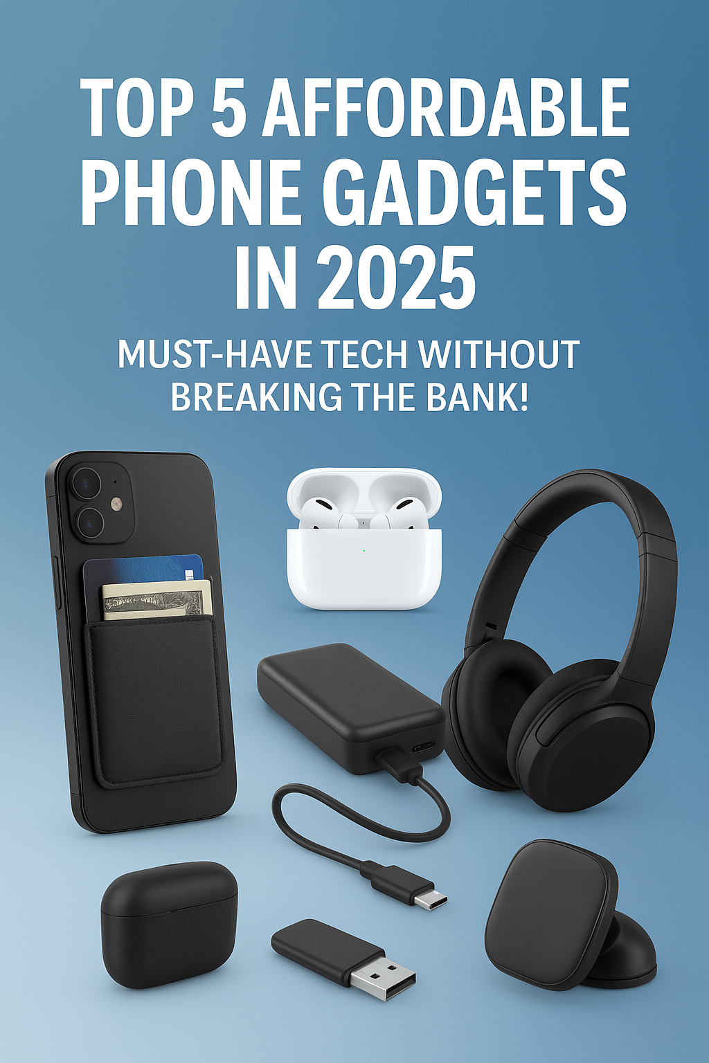 Collection of phone gadgets including a phone case, headphones, and USB drive on a blue background with text about affordable phone gadgets in 2025.