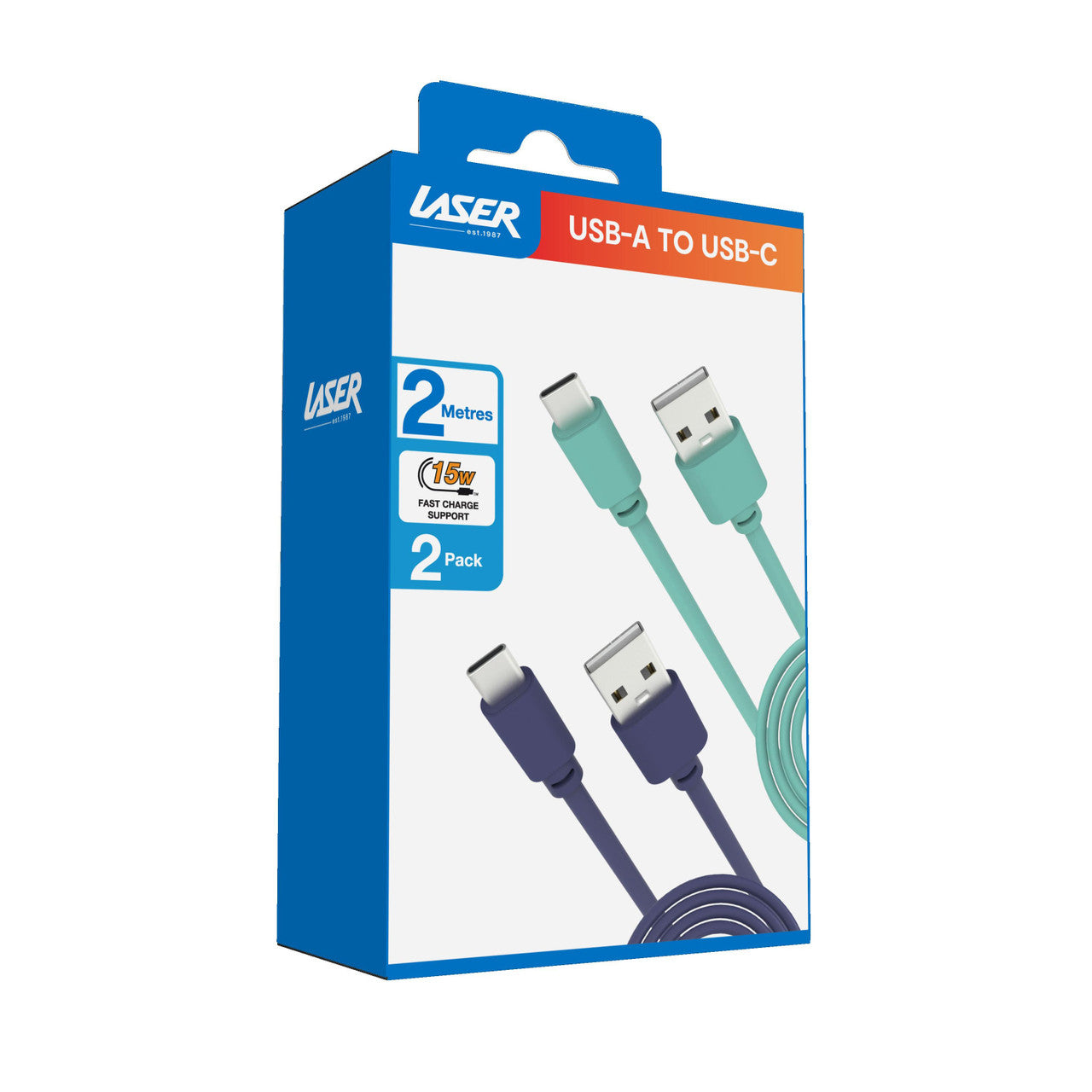 Laser Twin Pack 2m USB-C to USB-A Cables Blue Green