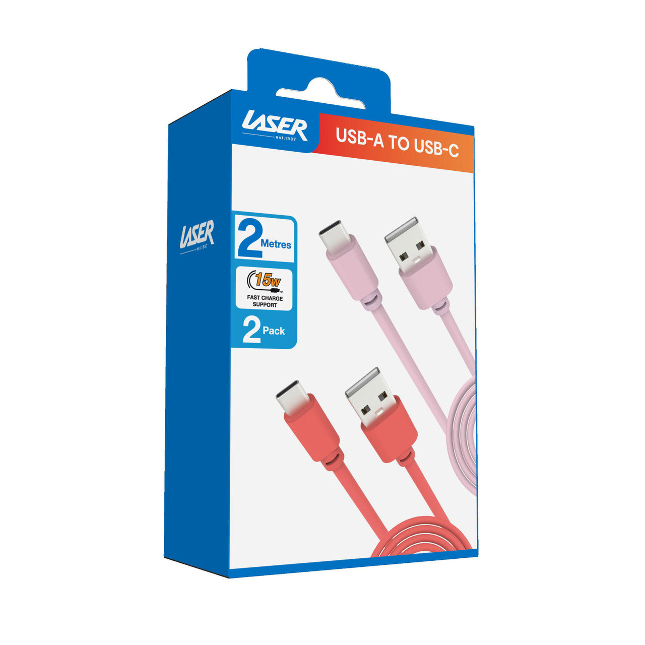 Laser Twin Pack 2 m USB-C to USB-A Cables Pink Red