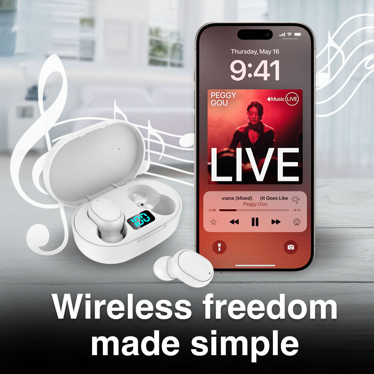 Laser True Wireless Earphones LED Display White