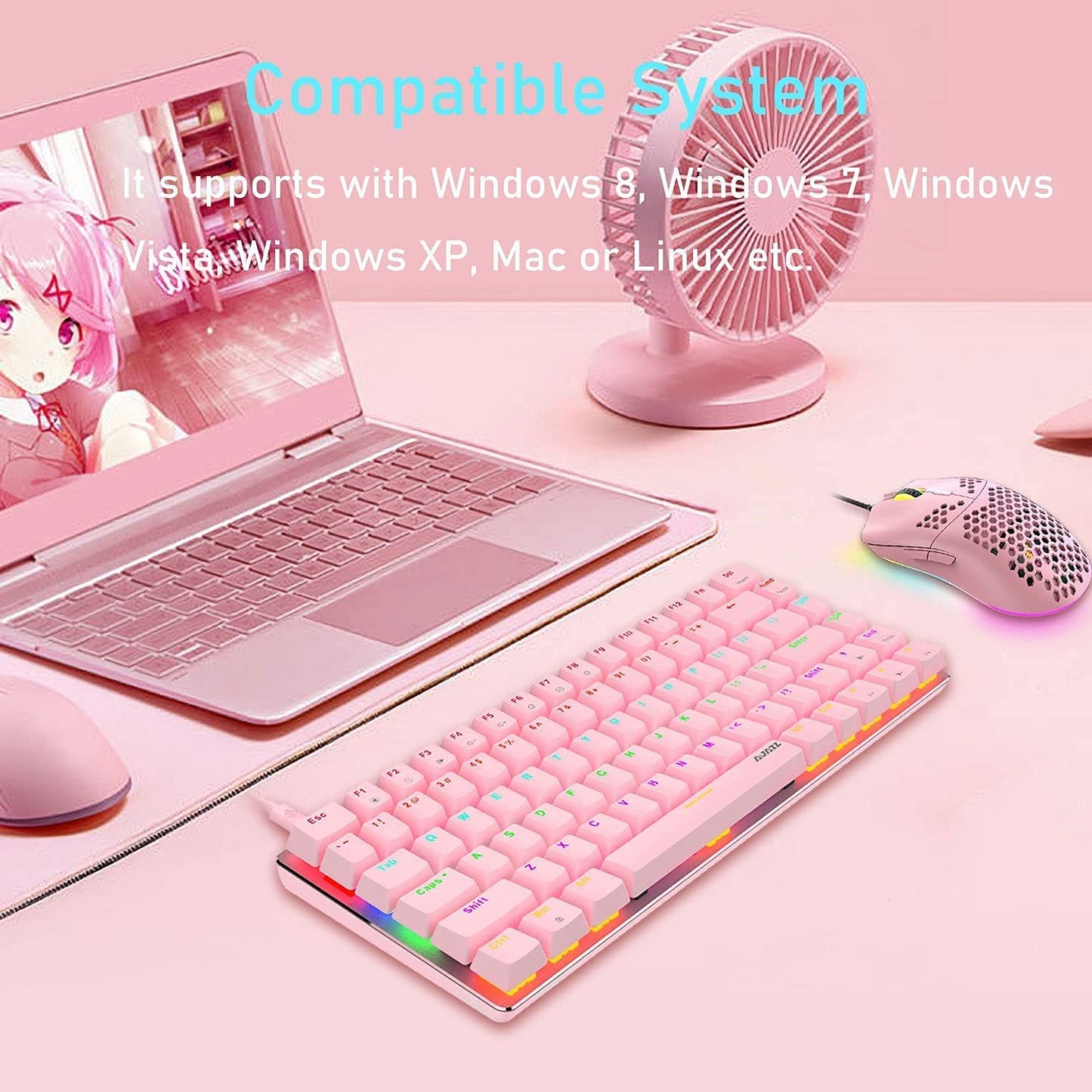 AK33 82 keys Compact Gaming Mechanical Keyboard with Anti-ghosting Keys for Game Pink