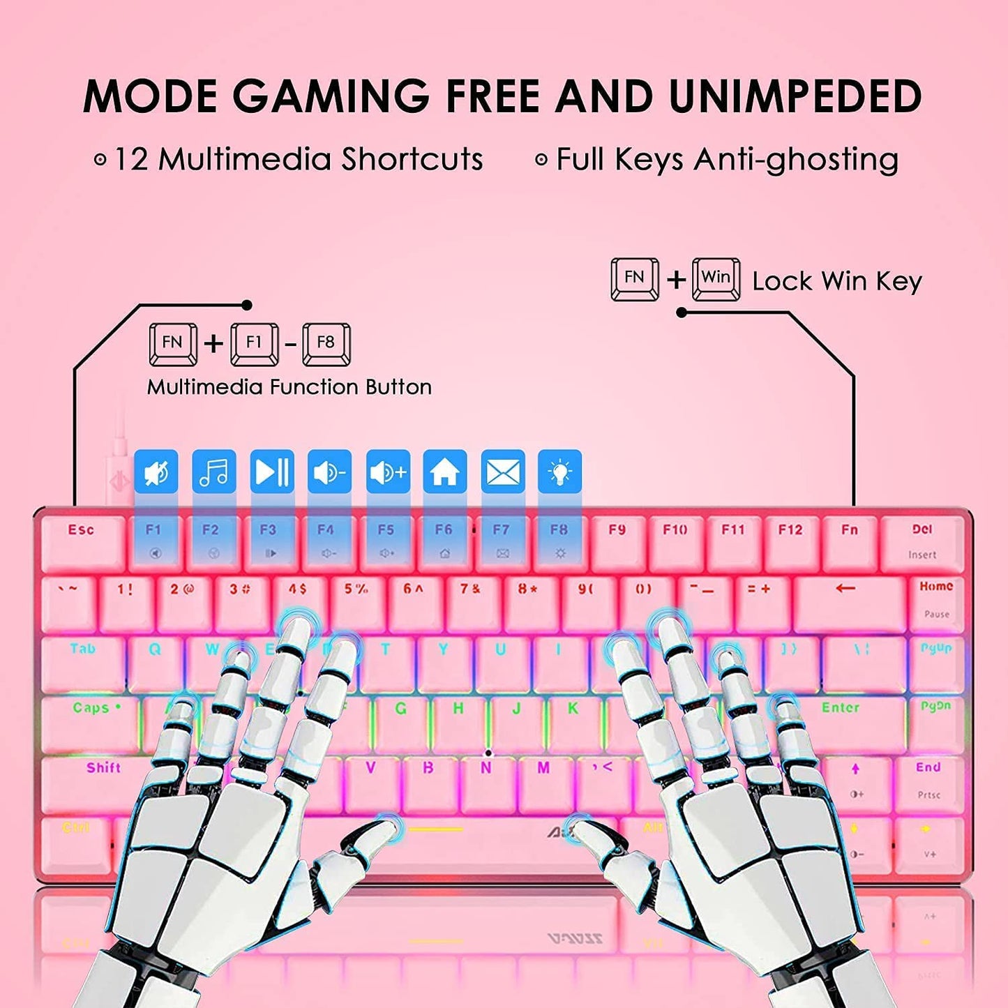 AK33 82 keys Compact Gaming Mechanical Keyboard with Anti-ghosting Keys for Game Pink