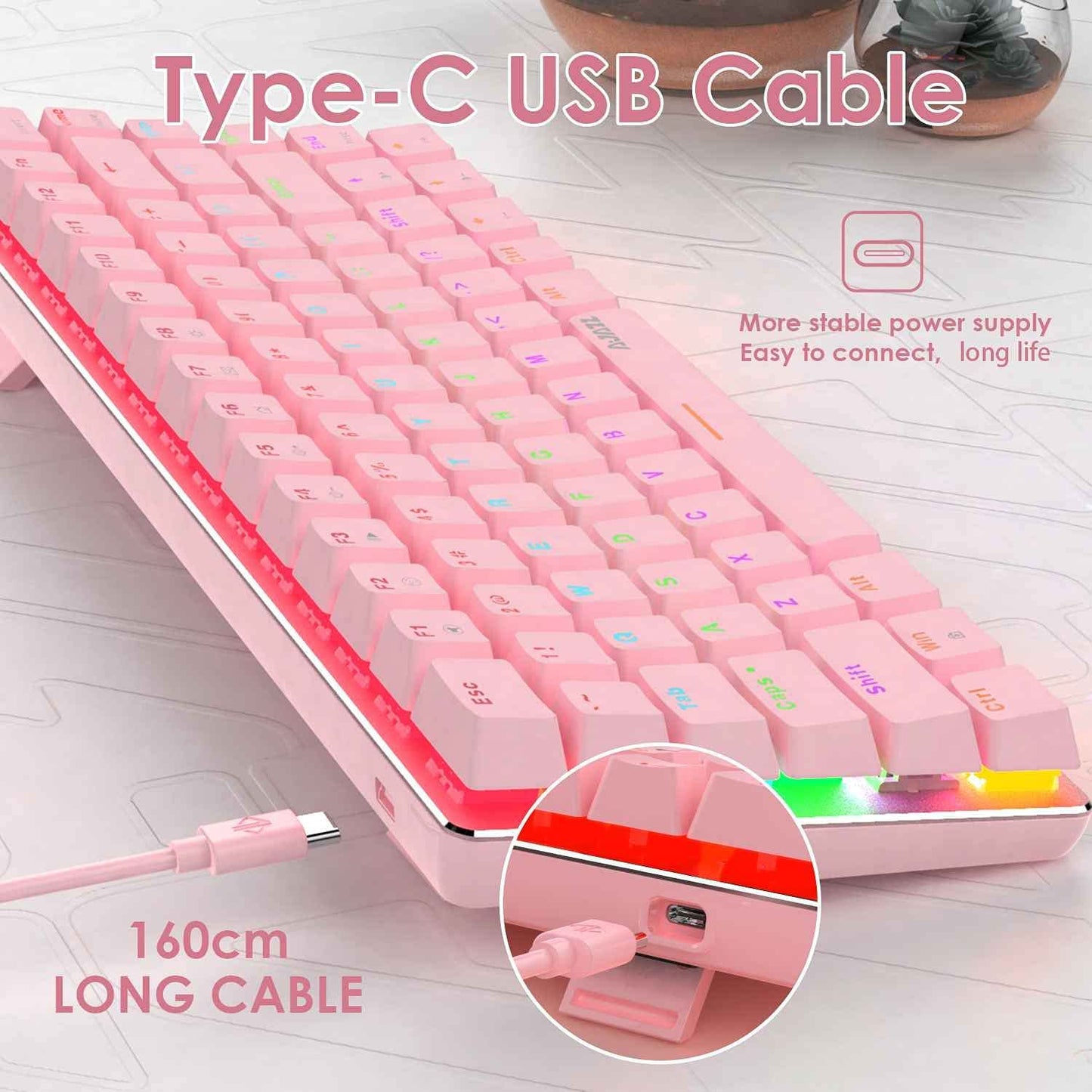 AK33 82 keys Compact Gaming Mechanical Keyboard with Anti-ghosting Keys for Game Pink