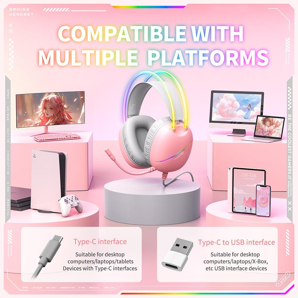 RGB Gaming Headset – 2M Cable, Black & Pink