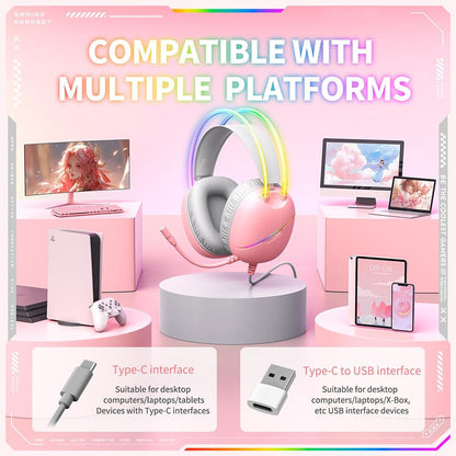 RGB Gaming Headset – 2M Cable, Black & Pink