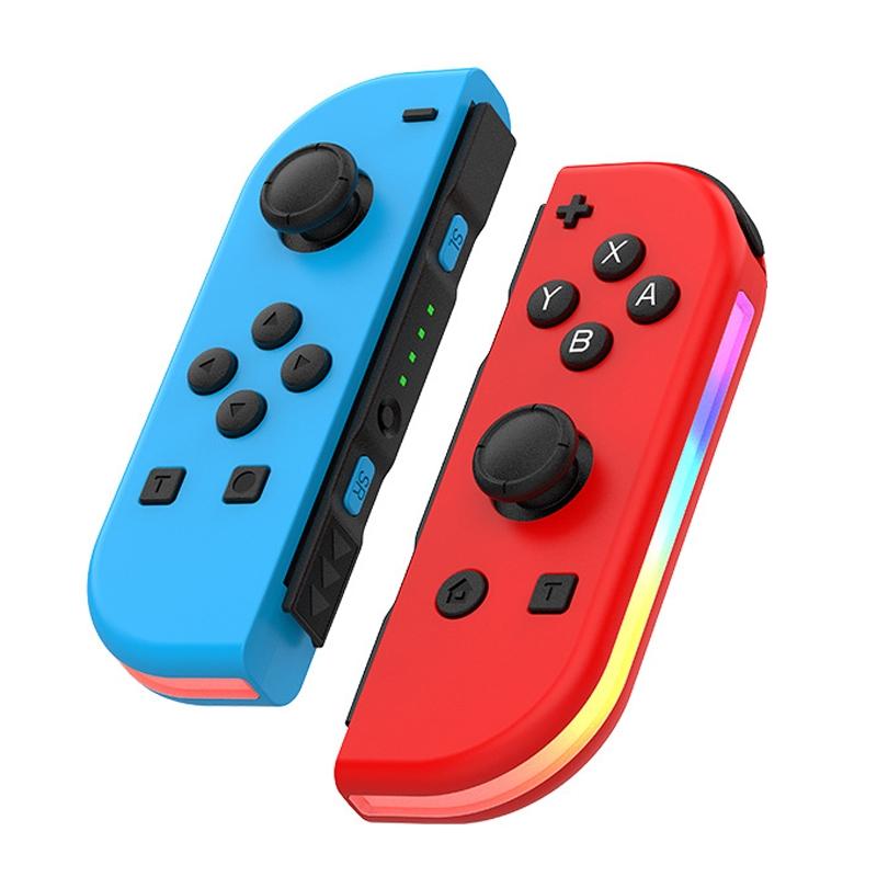 Blue and red gaming controllers on a white background